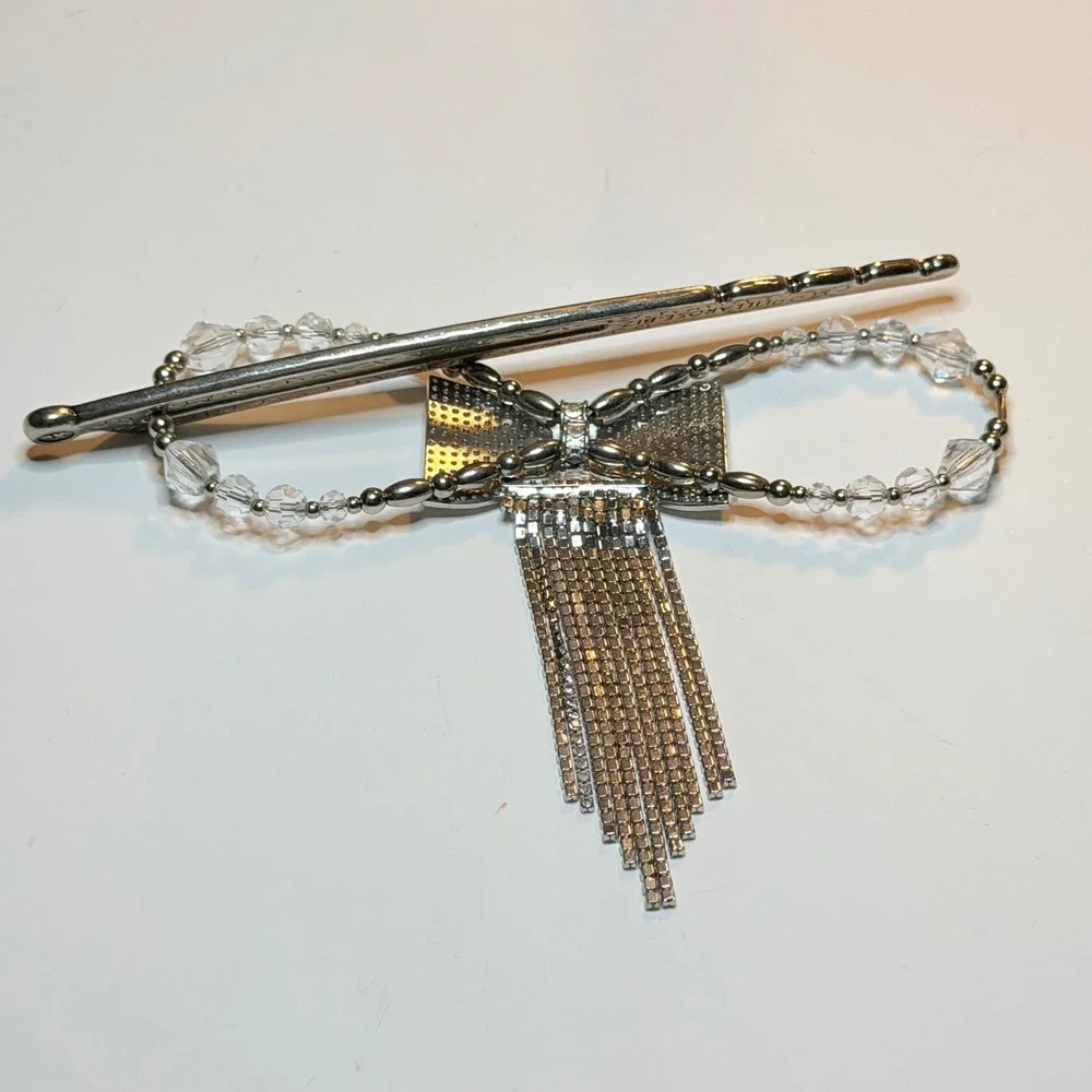 Lilla Rose Flexi Clip Silver Rhinestone Bow Crystal Tassel Hair Accessory XL